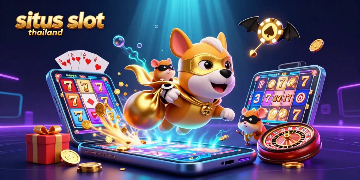 Engage with situs slot thailand featuring a superhero dog and sidekick amidst vibrant slot game elements and jackpot excitement