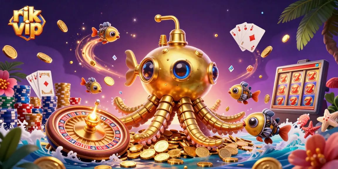 Experience the thrill of rik vip with a golden kraken submarine amidst gold coins and sparkling gems.