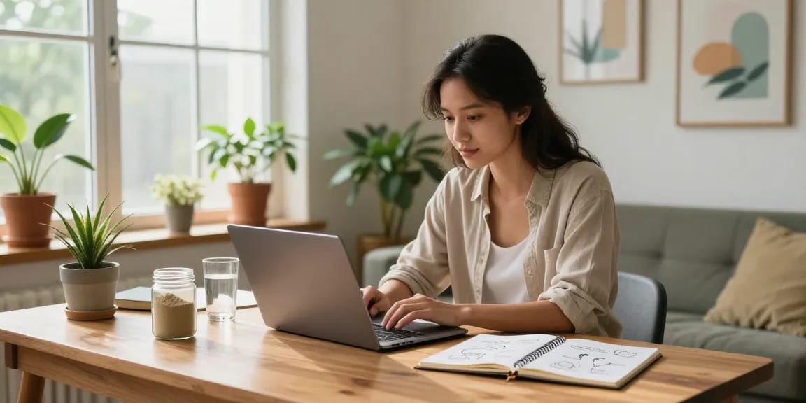 Focused individual enjoying the benefits of white borneo kratom in a serene home office setup, promoting wellness and productivity.