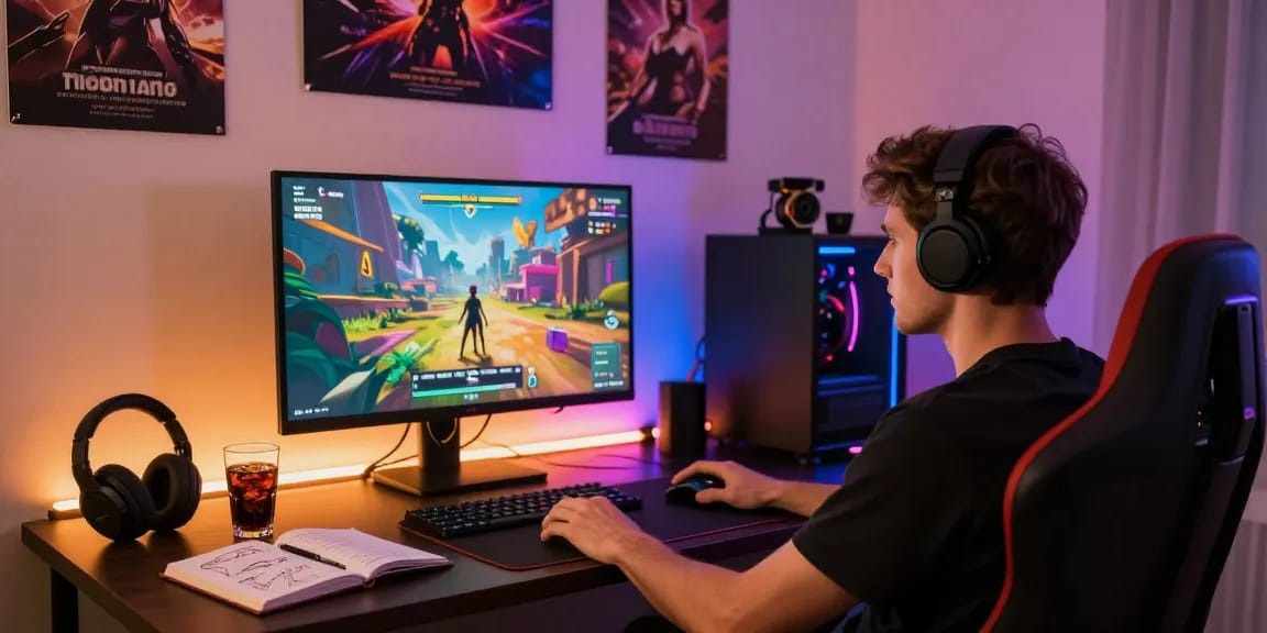 Engaged player enjoying a porngame in an illuminated gaming room with vibrant visuals.
