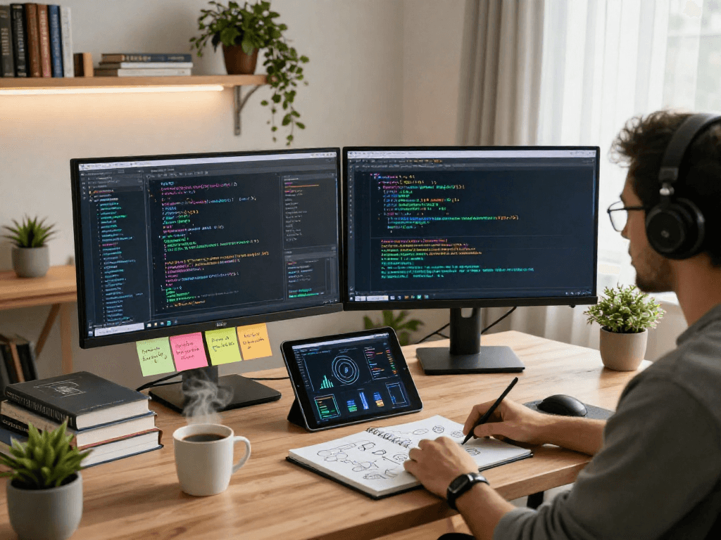 Tornardocash workspace with developer analyzing cryptocurrency privacy solutions, showcasing technology, innovation, and productivity.