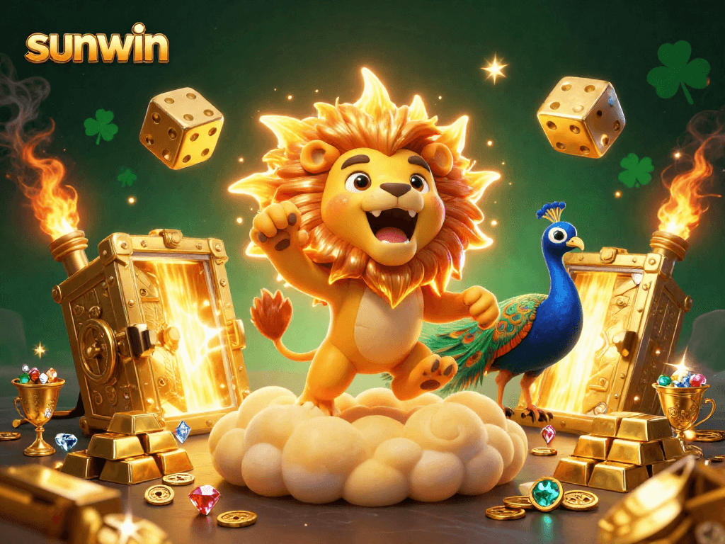 Win big with sunwin in this enticing casino adventure illustration featuring vibrant game elements.
