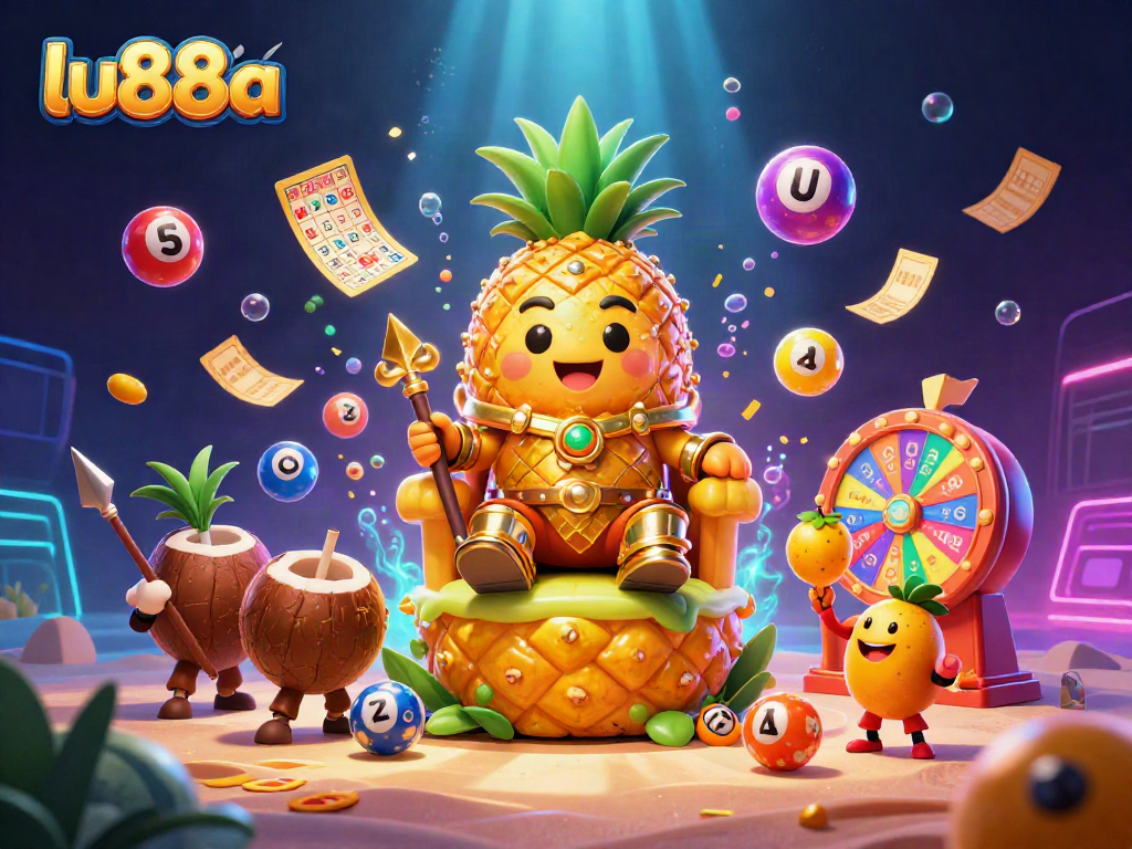 Engage with lu88a's vibrant beach casino scene featuring characters and dynamic game elements, showcasing a playful atmosphere.