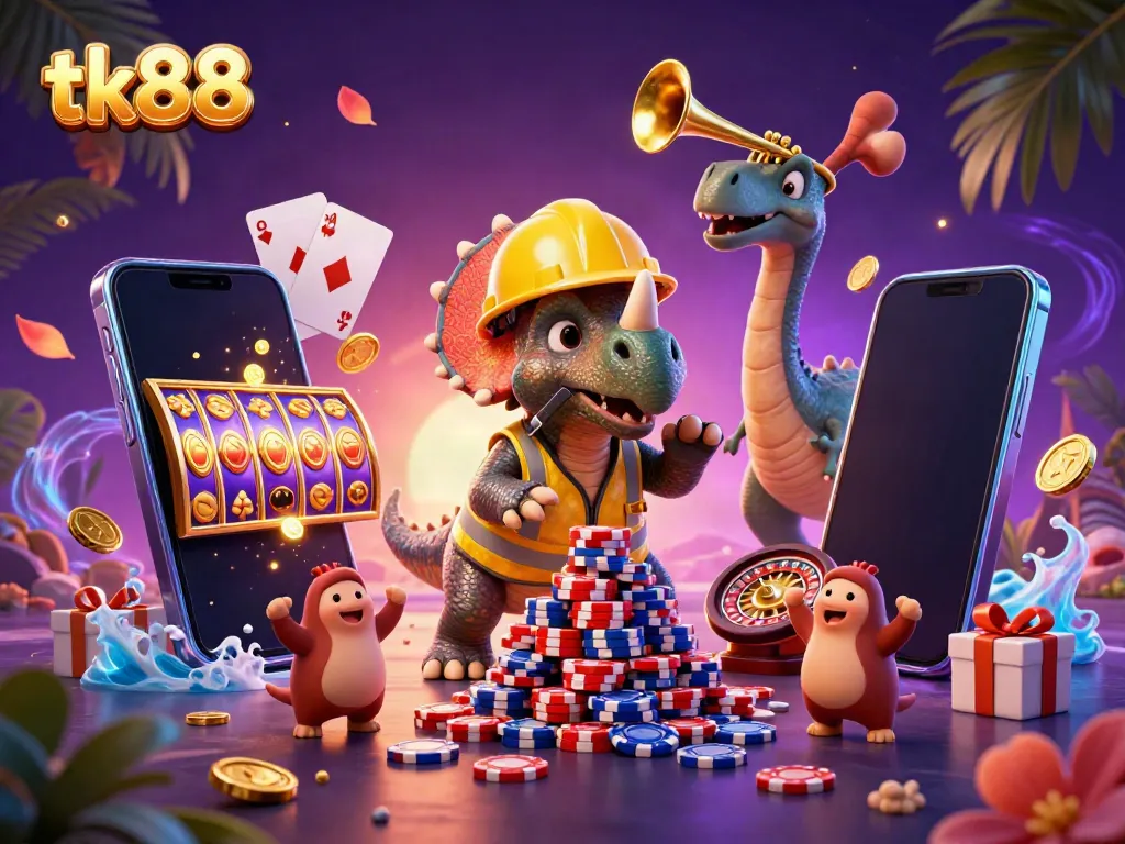 Engage in thrilling gameplay with tk88 featuring a cartoon triceratops and dynamic casino elements.
