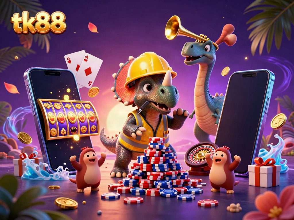 Engage in thrilling gameplay with tk88 featuring a cartoon triceratops and dynamic casino elements.