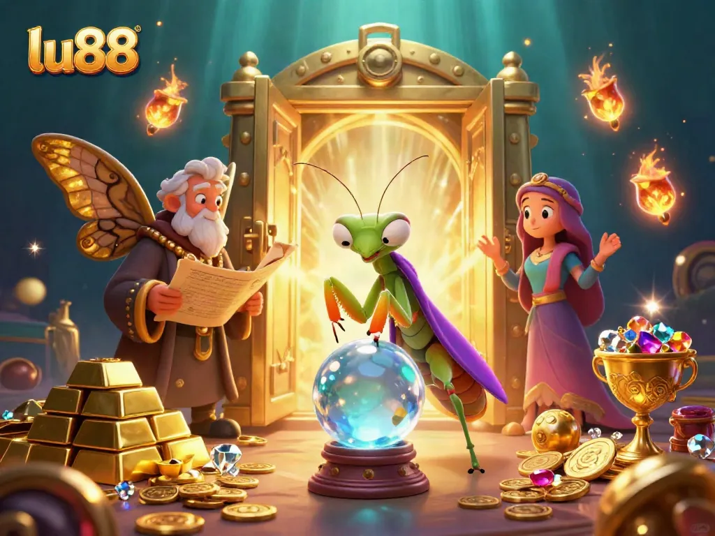 Players enjoy jackpot games at lu88, featuring vibrant characters surrounded by treasures.