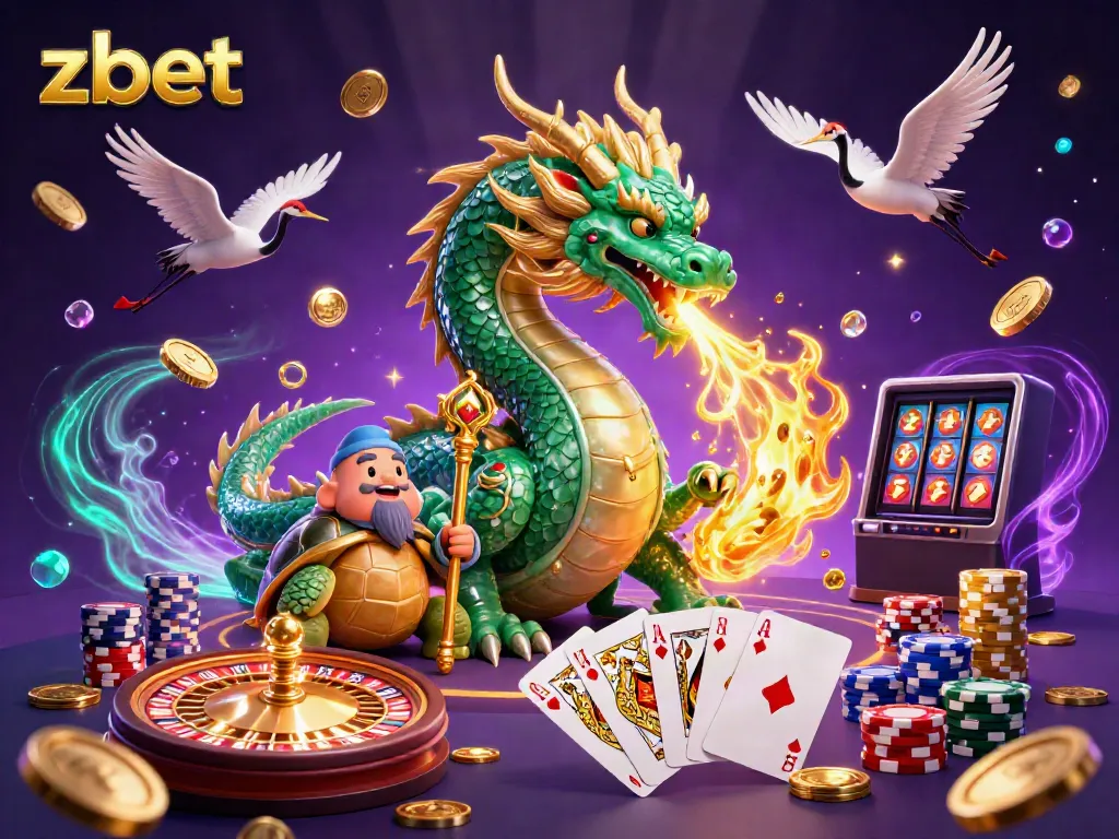 Experience zbet's exciting world with a jade dragon, turtle sage, and lucky cranes amid golden casino elements.
