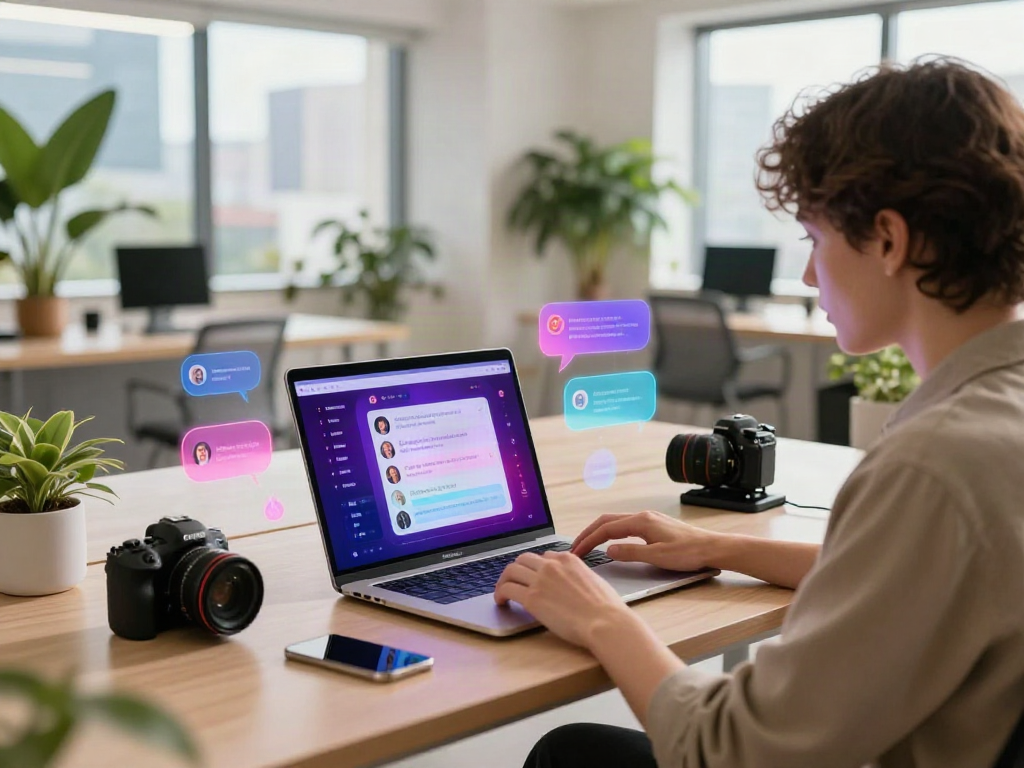 AI porn chat experience on a laptop in a vibrant digital workspace.