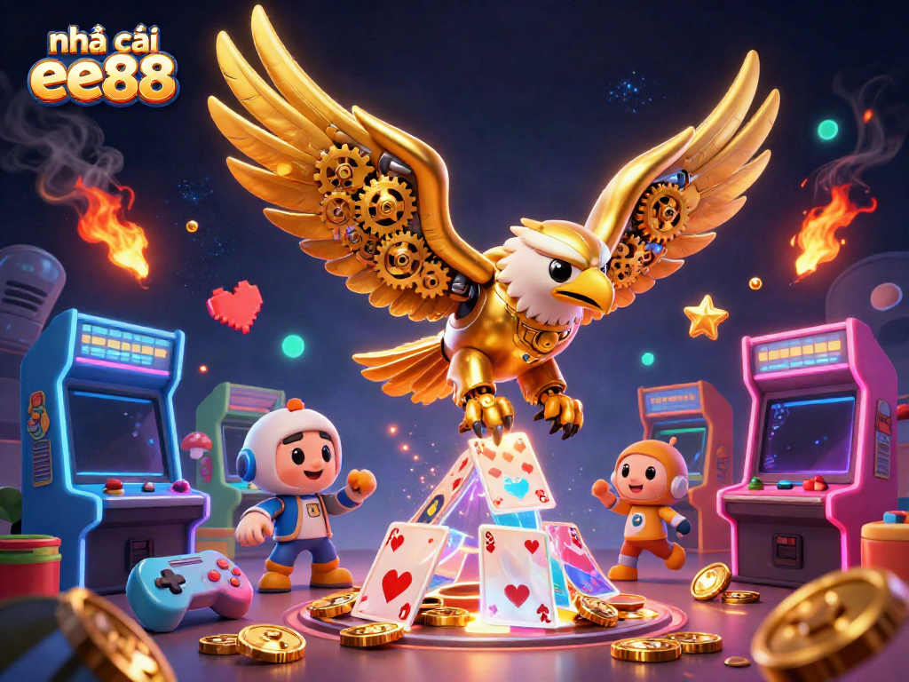 Join the dynamic action at nhà cái ee88 with a golden eagle soaring through holographic cards.