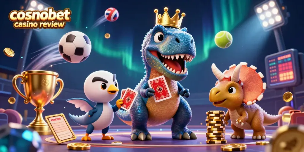 Experience excitement with the cosmobet casino review featuring playful dinosaur characters and dynamic sports elements.