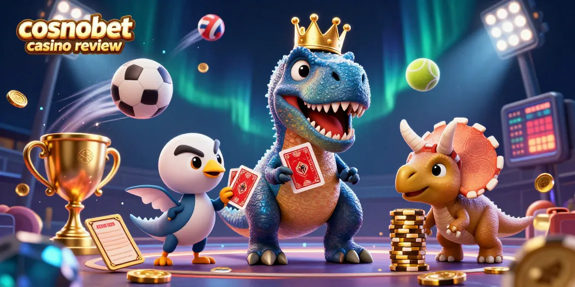 Experience excitement with the cosmobet casino review featuring playful dinosaur characters and dynamic sports elements.