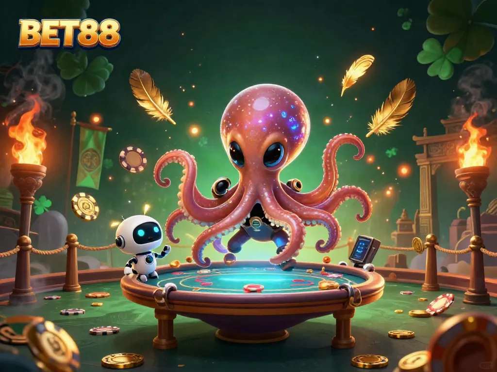 Join the fun with BET88 as an alien octopus navigates a vibrant holographic poker table in an exciting casino atmosphere.