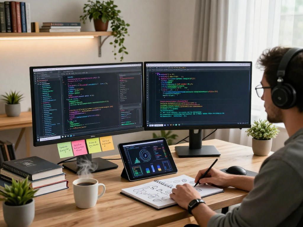 Tornardocash workspace with developer analyzing cryptocurrency privacy solutions, showcasing technology, innovation, and productivity.