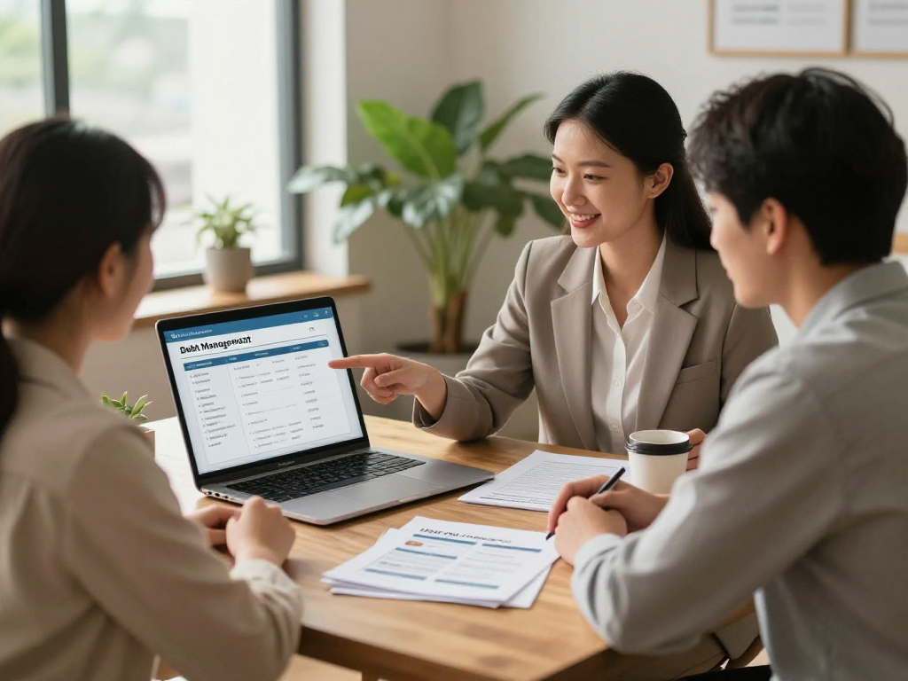 Couple discussing debt consolidation options with a financial advisor in a cozy office