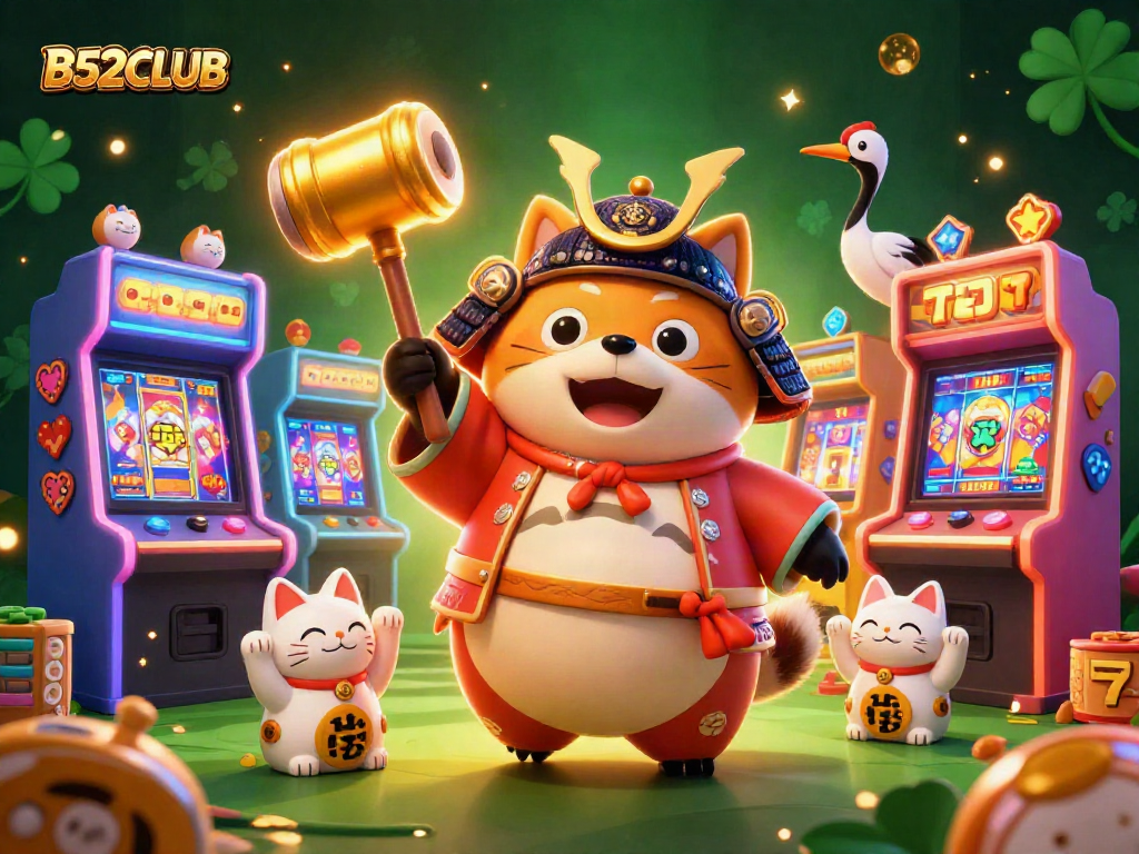 B52CLUB celebrates luck with vibrant slot machines, cheerful characters, and rich casino elements.