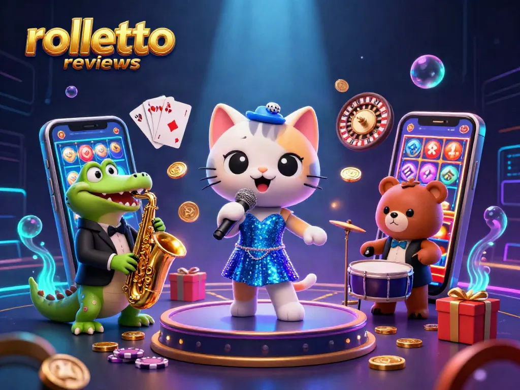 Discover rolletto reviews through this vibrant scene of a jazzy casino performance featuring playful characters and dynamic game elements.