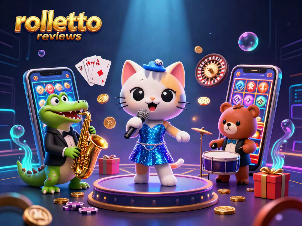 Discover rolletto reviews through this vibrant scene of a jazzy casino performance featuring playful characters and dynamic game elements.