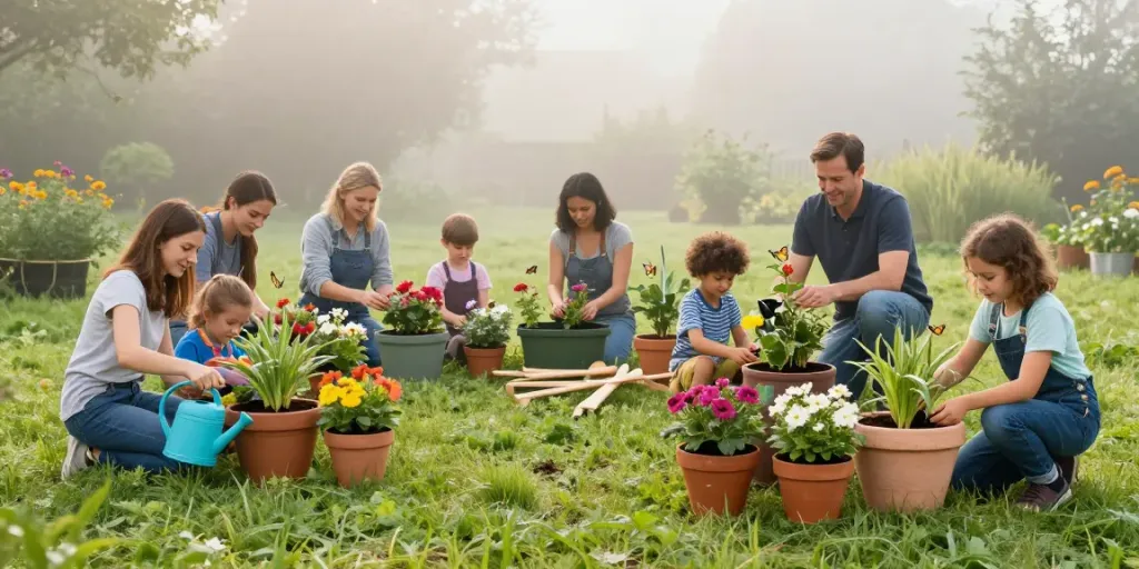 Gardening scene showcasing IDEALIST planters in colorful flower arrangement, promoting community gardening joy.