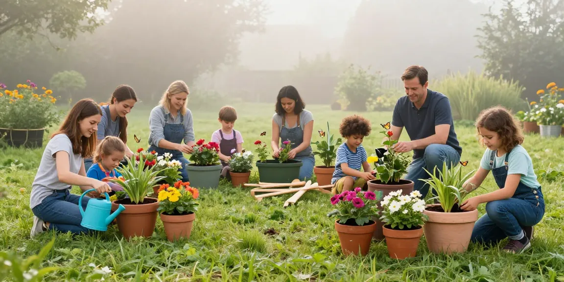 Gardening scene showcasing IDEALIST planters in colorful flower arrangement, promoting community gardening joy.