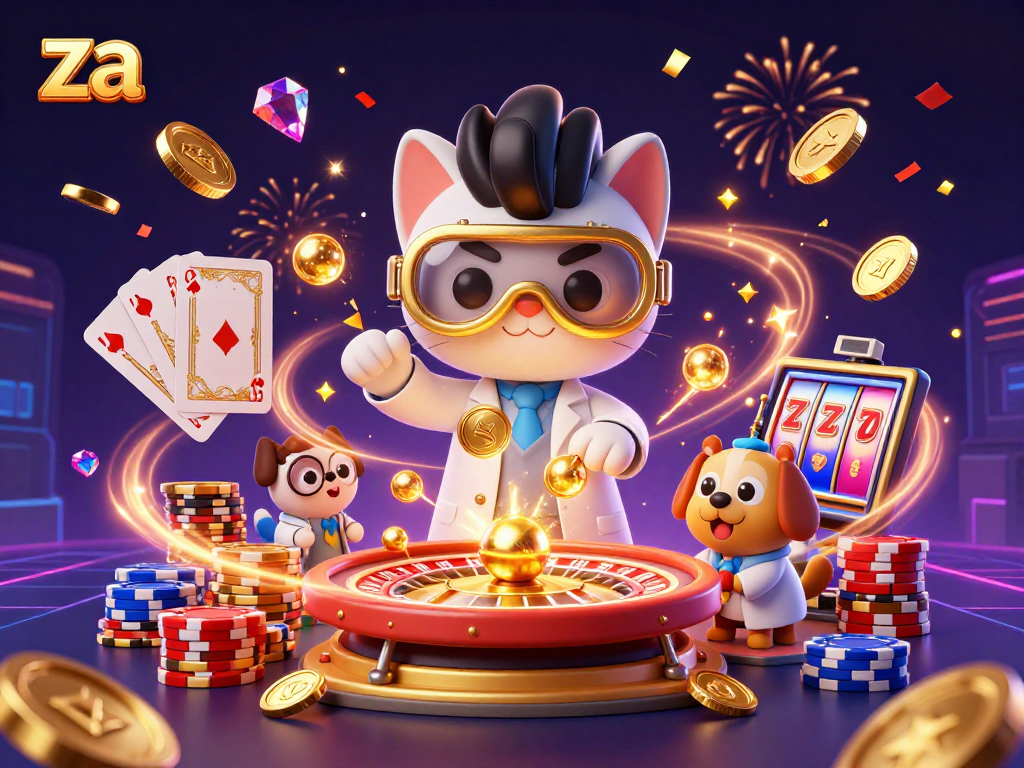 Watch the mad scientist cat create coin magic in a vibrant casino scene with za elements.