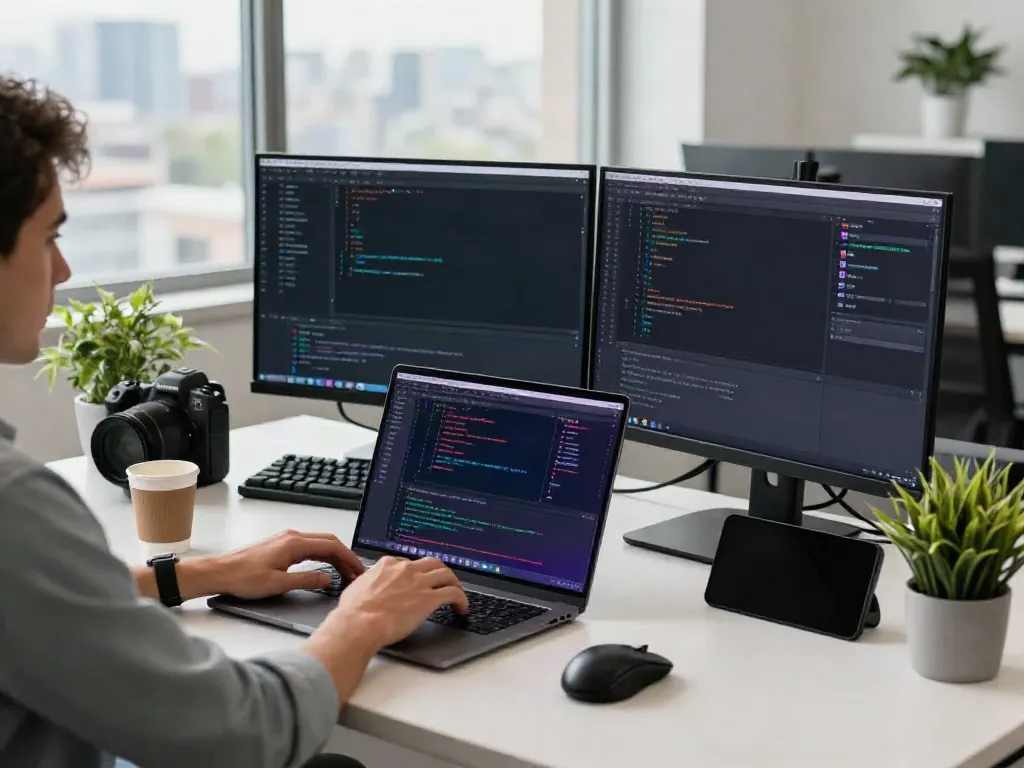 Software engineer coding with instant indexing tools in a modern workspace.