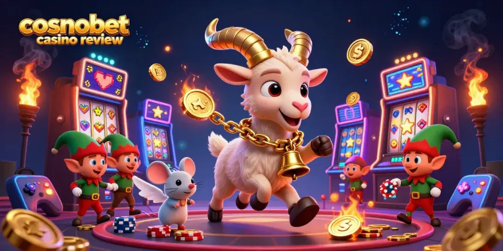 Experience thrilling gameplay in this cosmobet casino review themed illustration with casino characters and fun elements.