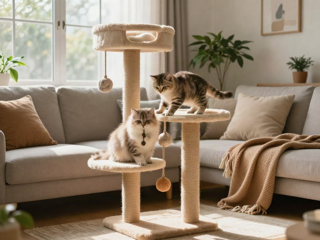 Fluffy cat lounging on a stylish cat cat tree in a cozy living room.