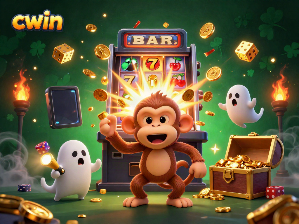 Engage with CWIN's thrilling online casino experience featuring vibrant golden elements and characters.