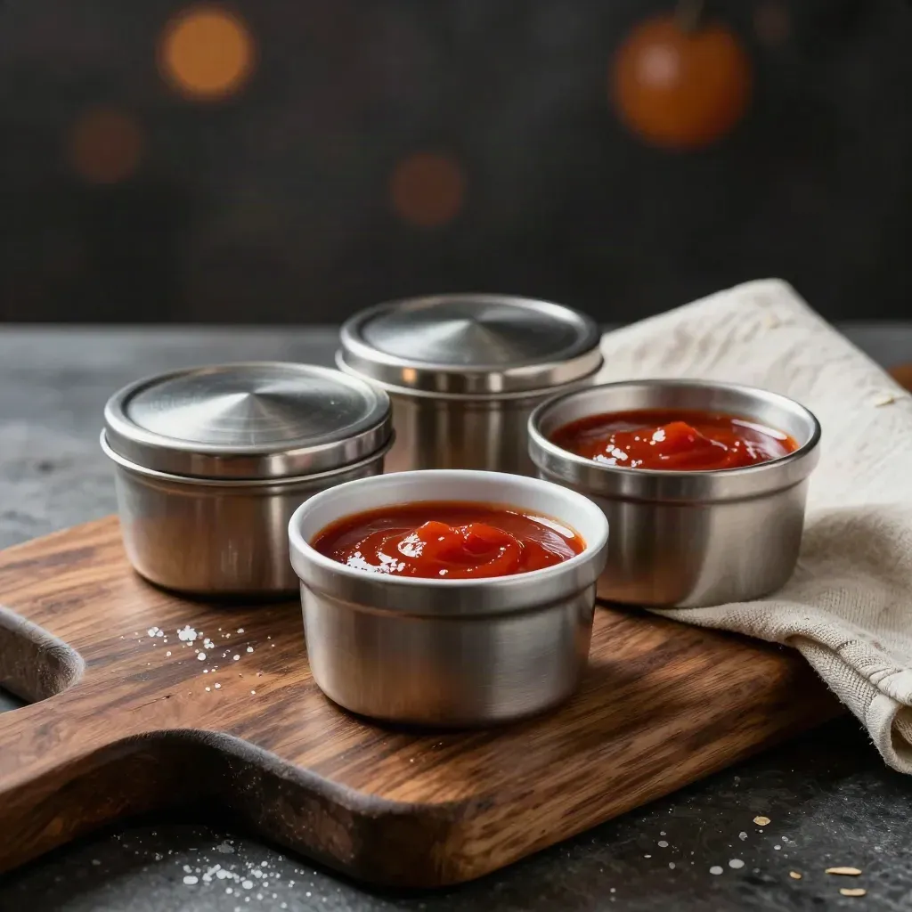 Meal tins, sauce ramekins, and linen towel on dark oak in dramatic studio light