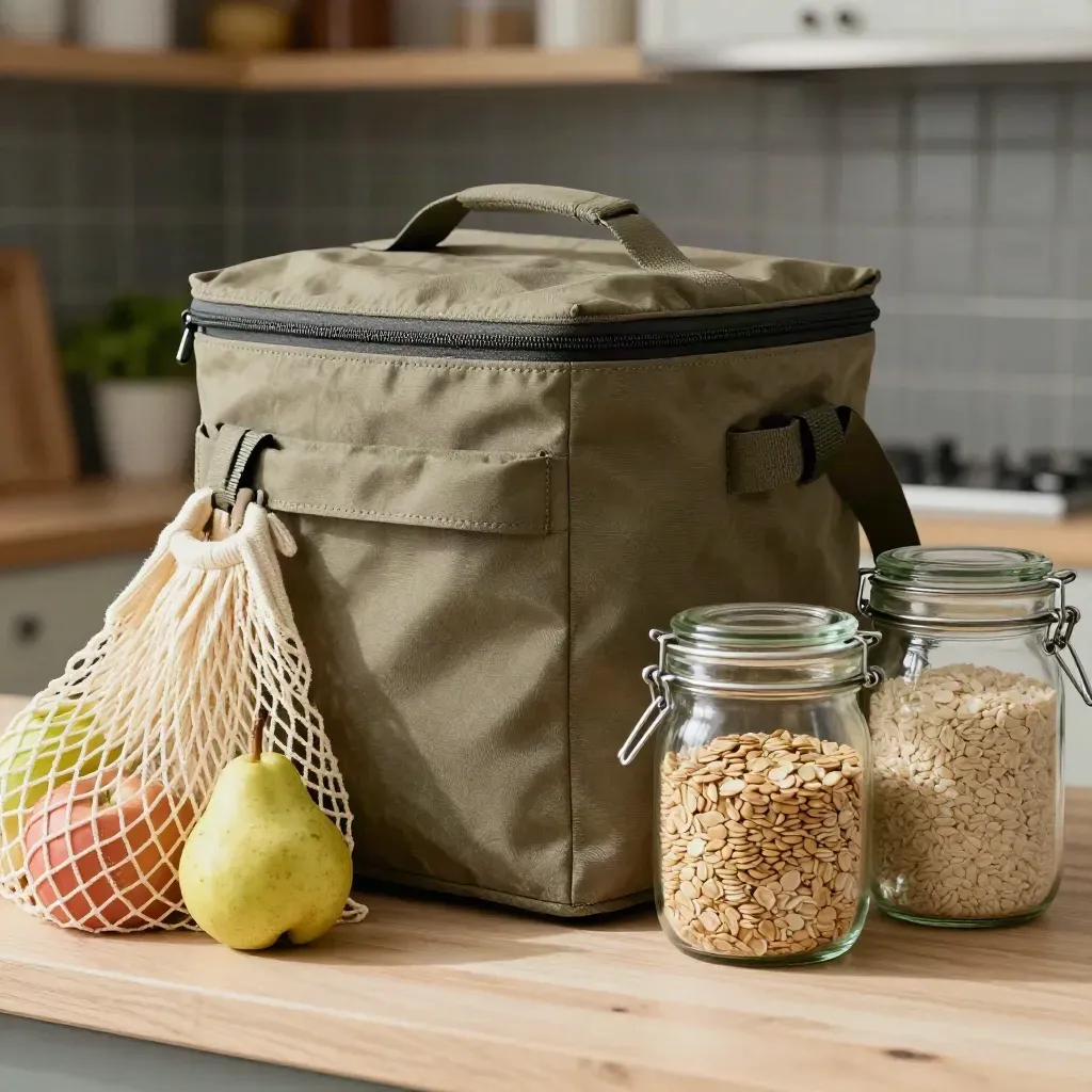 Reusable cooler bag, produce bags and clipped pantry jars on a kitchen counter with soft steam.