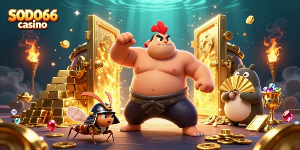 Experience exciting gameplay with SODO66 casino in this dynamic 3D illustration featuring vibrant casino games and characters.