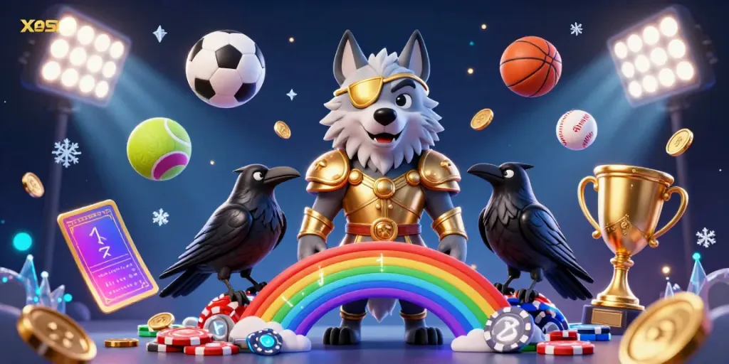 XOSO66 showcases a mythical Odin wolf with ravens and vibrant casino chips, symbolizing online gaming.