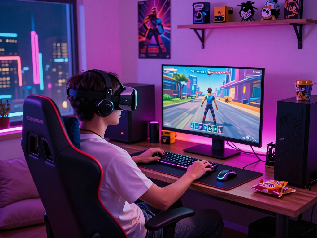 A gamer enjoying a 3d porn game with vibrant graphics and immersive VR technology.