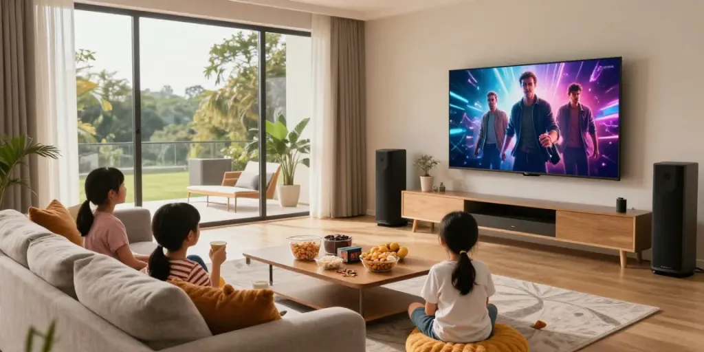 Family enjoying movie night with Vision Speaker in a cozy living room.