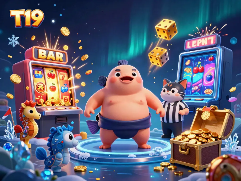 Experience T19's exhilarating underwater casino with a puffed fugu and wise referee amidst jackpots and vibrant game elements.