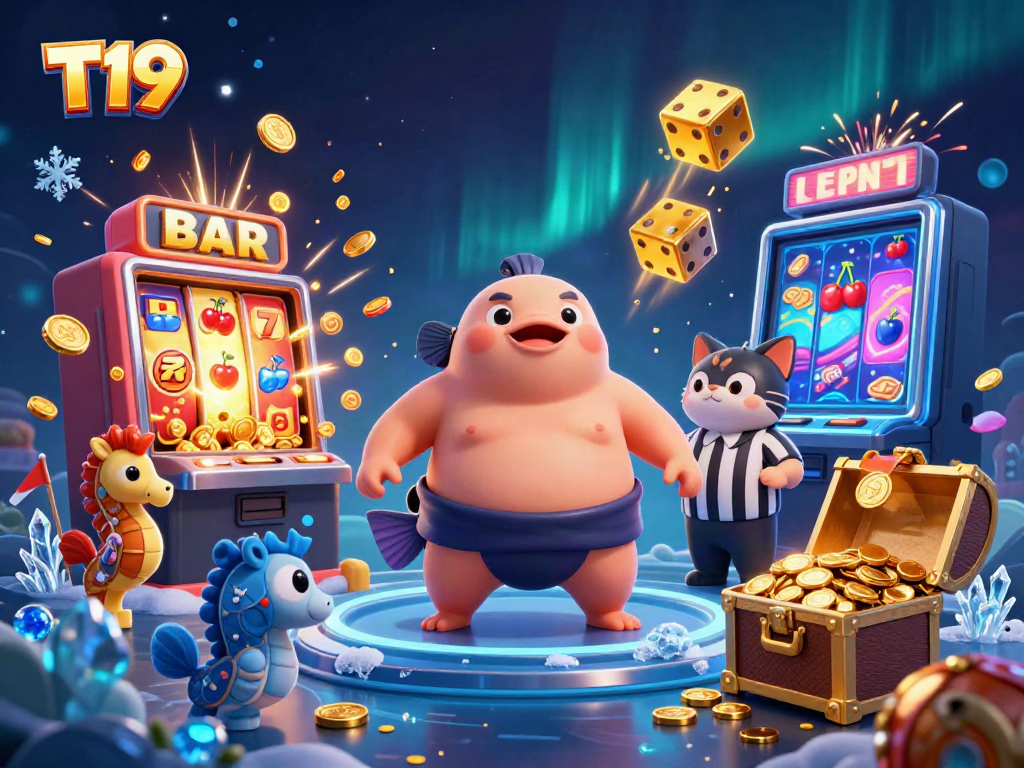 Experience T19's exhilarating underwater casino with a puffed fugu and wise referee amidst jackpots and vibrant game elements.