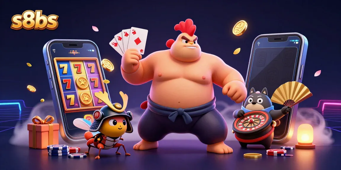 s8bs showcases a lively 3D illustration of gaming characters interacting with vibrant casino elements.