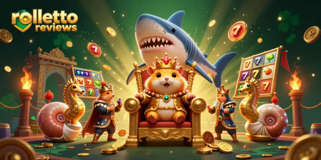 Experience thrilling rolletto reviews with a dynamic scene featuring a golden hamster king and slot elements.