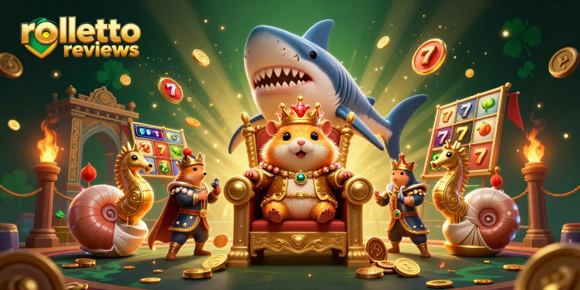 Experience thrilling rolletto reviews with a dynamic scene featuring a golden hamster king and slot elements.