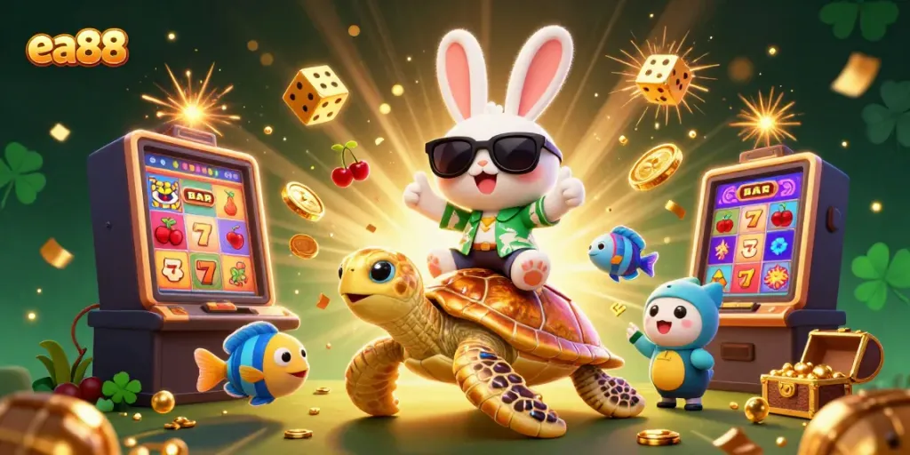 Experience gameplay excitement with ea88 as a lucky rabbit and golden turtle illuminate the casino world.
