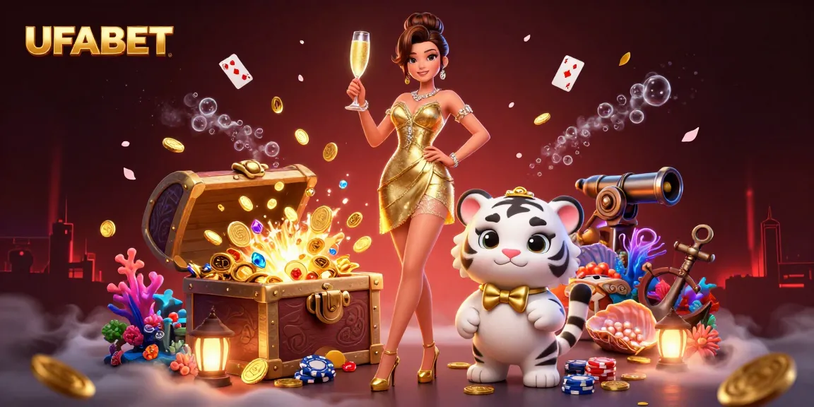 Experience the excitement at UFABET with a glamorous setting featuring a lucky tiger cub and gold coins.