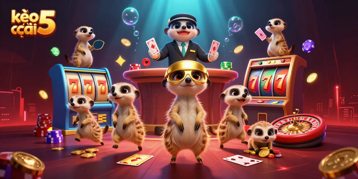 Engaging scene with kèo nhà cái 5 showing meerkats running a casino, featuring slot machines and vibrant game elements.