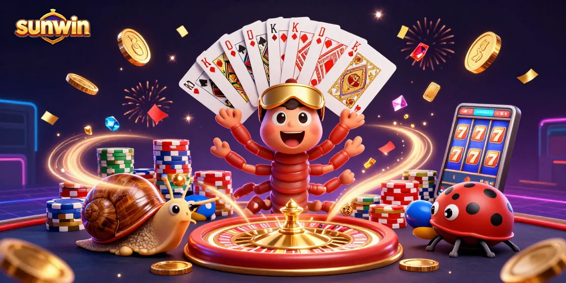 Experience the excitement of winning big at Sunwin with a vibrant casino scene featuring animated characters and game elements.