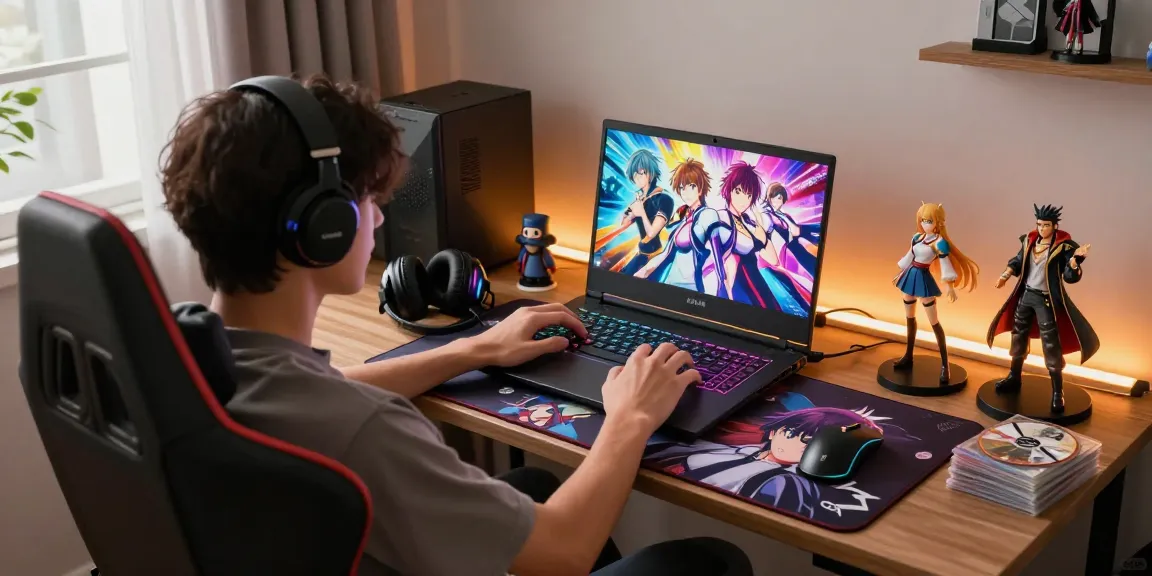 Engaging scene of a player enjoying ecchi games on a gaming laptop with colorful visuals and character art.