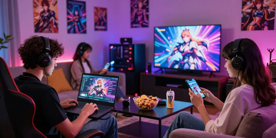 Exciting scene of gamers enjoying a hentai game in a vibrant game room with colorful LED lights.