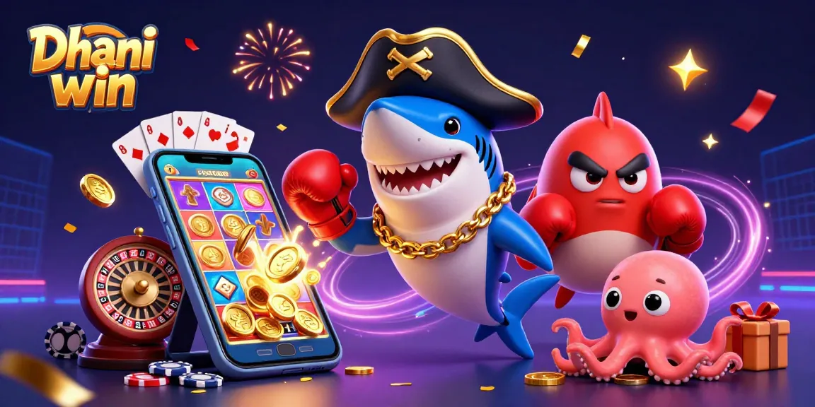 Dhani win gaming illustration with a pirate shark and dynamic slot game elements.