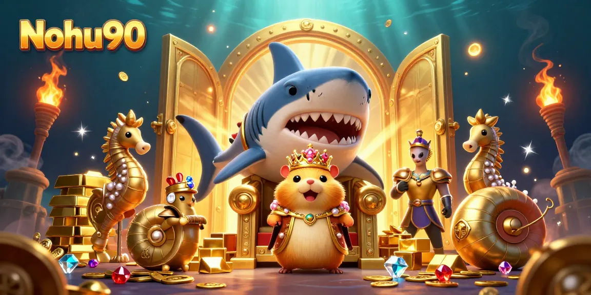 Nohu90 captivates with golden treasures and a fierce hamster king in a royal setting.
