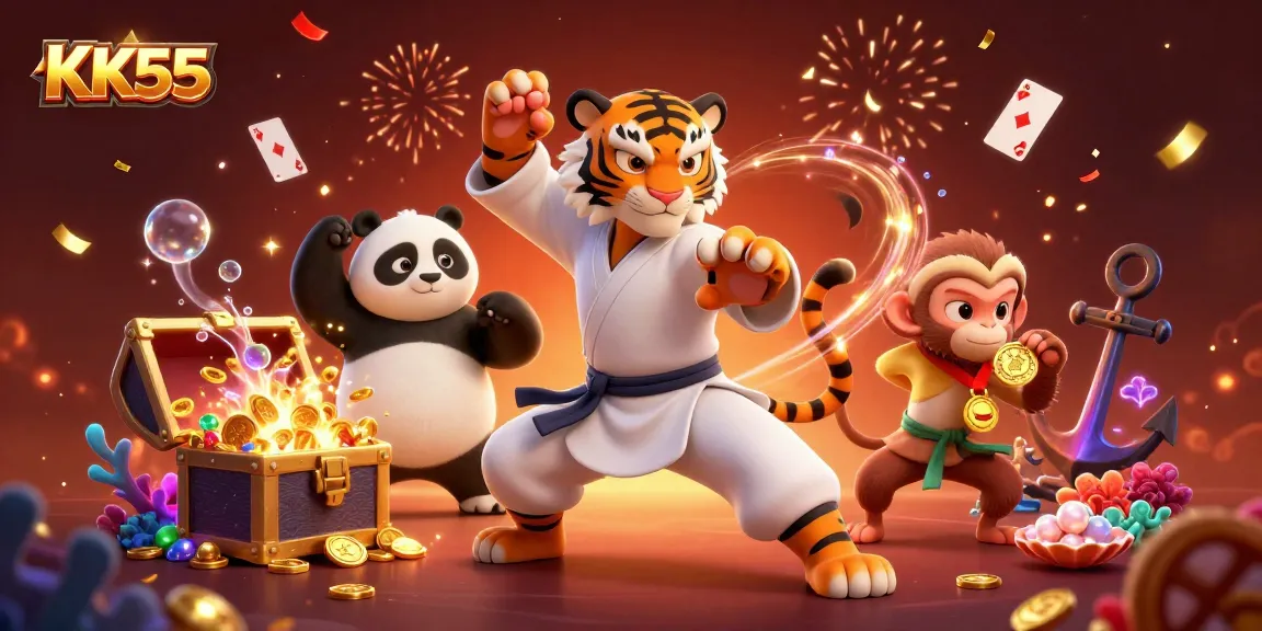 Join the fun at KK55 with dynamic characters celebrating casino wins surrounded by vivid elements.