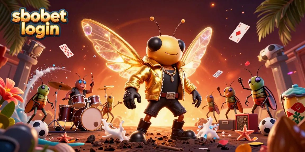 Engage in sbobet login with a vibrant illustration of a cicada rock star surrounded by dynamic sports betting elements.