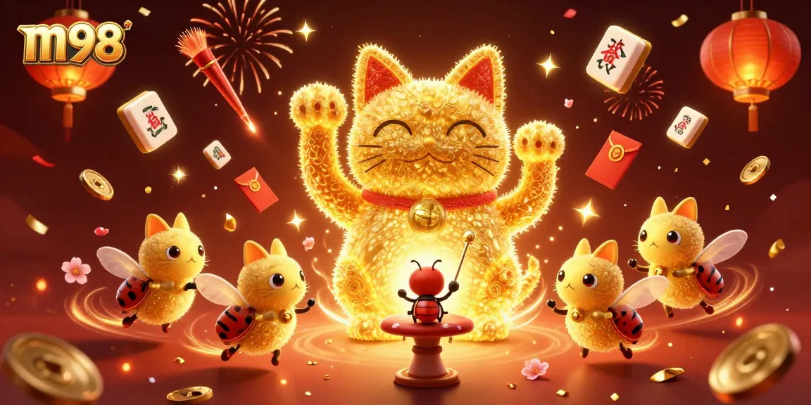 m98's lucky cat illustration with casino elements showcases winning moments in 2026 gaming scene